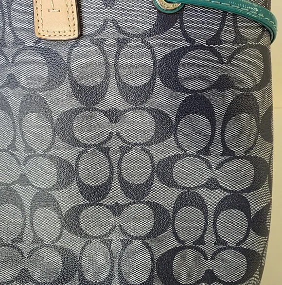 Coach Signature Stripe Large Carryall Tote-Navy Denim Look, Jade Green Stripe - Picture 5 of 16